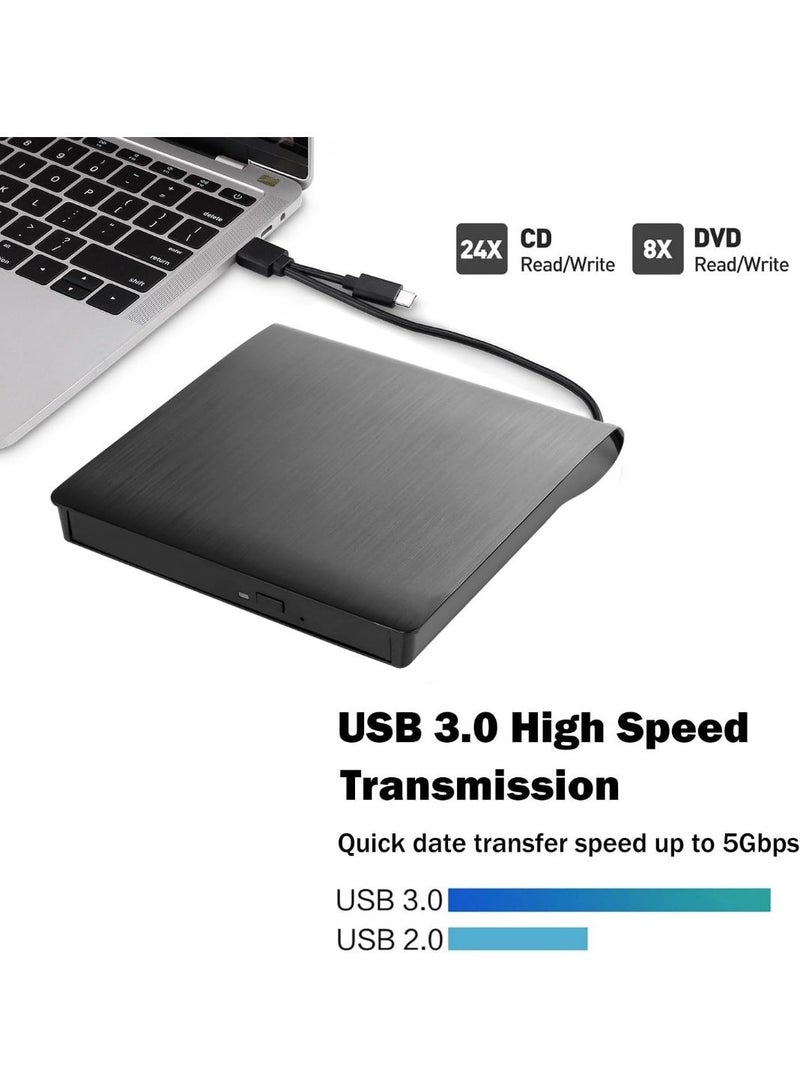 External CD DVD Drive USB 3.0 Type-C Portable Slim DVD/CD ROM +/-RW +/-R Optical Drive Player Reader Writer Burner for PC Laptop Computer Windows 11/10/8/7 (Black) - Image 2